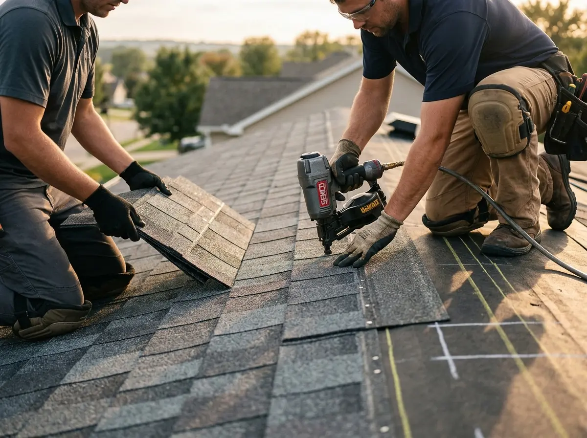 Professional roofer working on a residential roof in Rolling Hills Estates